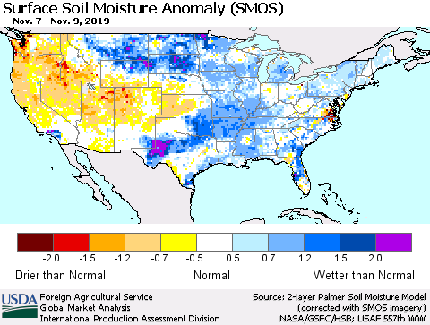 United States Surface Soil Moisture Anomaly (SMOS) Thematic Map For 11/4/2019 - 11/10/2019