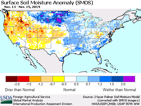 United States Surface Soil Moisture Anomaly (SMOS) Thematic Map For 11/11/2019 - 11/17/2019