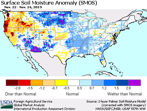 United States Surface Soil Moisture Anomaly (SMOS) Thematic Map For 11/18/2019 - 11/24/2019