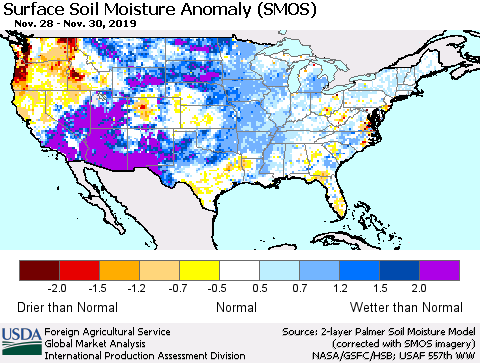 United States Surface Soil Moisture Anomaly (SMOS) Thematic Map For 11/25/2019 - 12/1/2019