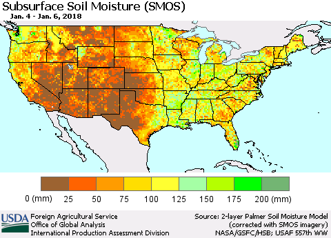 United States Subsurface Soil Moisture (SMOS) Thematic Map For 1/1/2018 - 1/7/2018