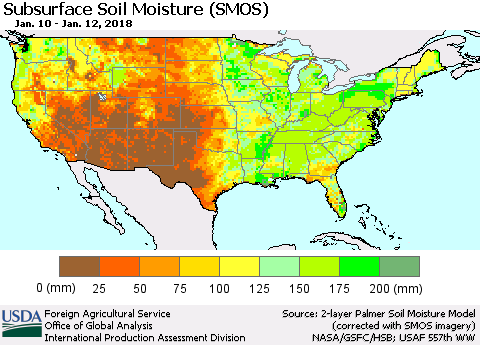 United States Subsurface Soil Moisture (SMOS) Thematic Map For 1/8/2018 - 1/14/2018