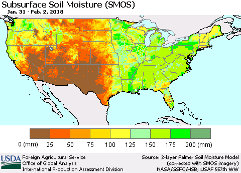United States Subsurface Soil Moisture (SMOS) Thematic Map For 1/29/2018 - 2/4/2018