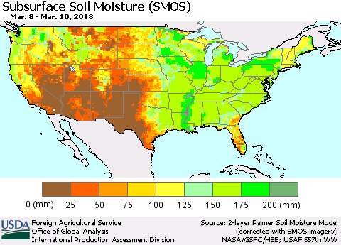 United States Subsurface Soil Moisture (SMOS) Thematic Map For 3/5/2018 - 3/11/2018