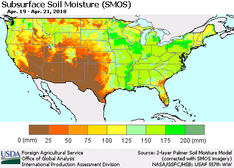 United States Subsurface Soil Moisture (SMOS) Thematic Map For 4/16/2018 - 4/22/2018