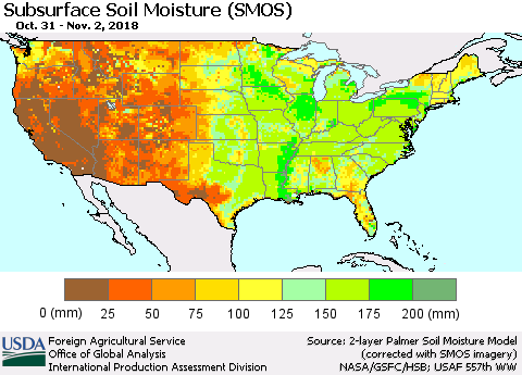 United States Subsurface Soil Moisture (SMOS) Thematic Map For 10/29/2018 - 11/4/2018