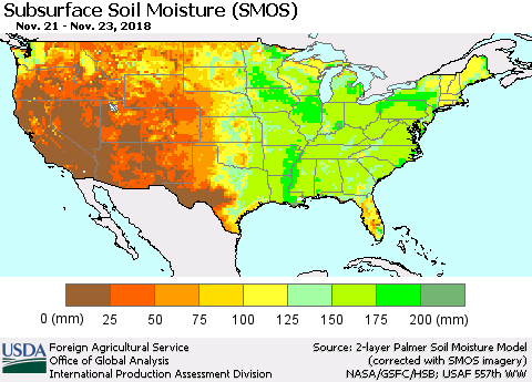 United States Subsurface Soil Moisture (SMOS) Thematic Map For 11/19/2018 - 11/25/2018