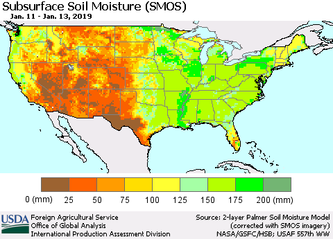 United States Subsurface Soil Moisture (SMOS) Thematic Map For 1/7/2019 - 1/13/2019