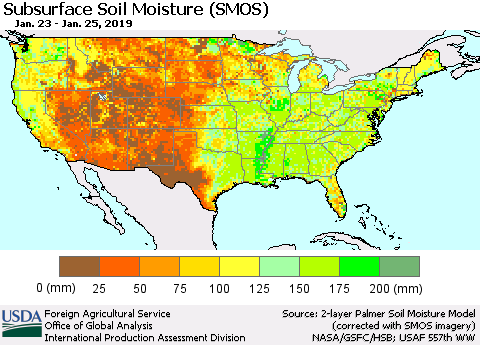 United States Subsurface Soil Moisture (SMOS) Thematic Map For 1/21/2019 - 1/27/2019