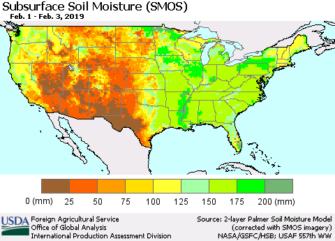 United States Subsurface Soil Moisture (SMOS) Thematic Map For 1/28/2019 - 2/3/2019