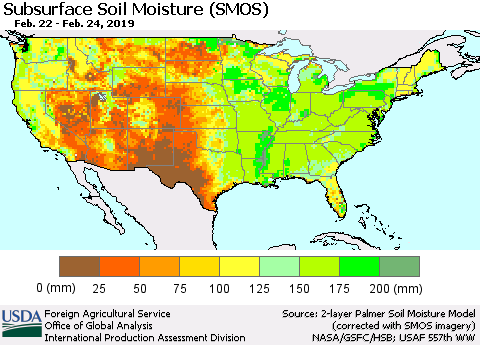 United States Subsurface Soil Moisture (SMOS) Thematic Map For 2/18/2019 - 2/24/2019