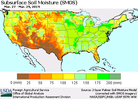 United States Subsurface Soil Moisture (SMOS) Thematic Map For 3/25/2019 - 3/31/2019