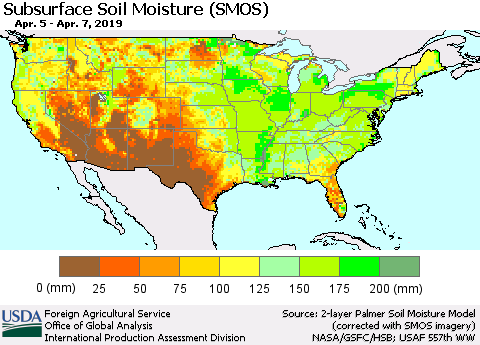 United States Subsurface Soil Moisture (SMOS) Thematic Map For 4/1/2019 - 4/7/2019