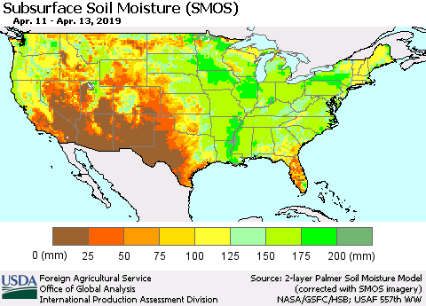 United States Subsurface Soil Moisture (SMOS) Thematic Map For 4/8/2019 - 4/14/2019