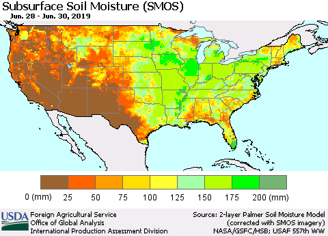 United States Subsurface Soil Moisture (SMOS) Thematic Map For 6/24/2019 - 6/30/2019