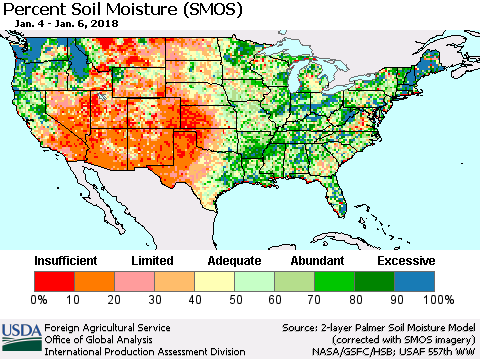 United States Percent Soil Moisture (SMOS) Thematic Map For 1/1/2018 - 1/7/2018