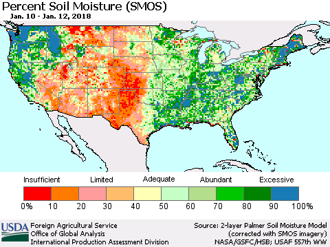 United States Percent Soil Moisture (SMOS) Thematic Map For 1/8/2018 - 1/14/2018