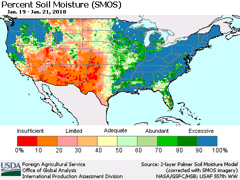 United States Percent Soil Moisture (SMOS) Thematic Map For 1/15/2018 - 1/21/2018