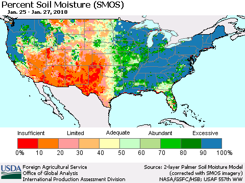 United States Percent Soil Moisture (SMOS) Thematic Map For 1/22/2018 - 1/28/2018