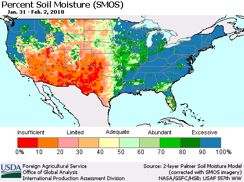 United States Percent Soil Moisture (SMOS) Thematic Map For 1/29/2018 - 2/4/2018