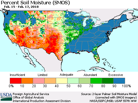 United States Percent Soil Moisture (SMOS) Thematic Map For 2/12/2018 - 2/18/2018