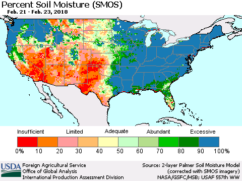United States Percent Soil Moisture (SMOS) Thematic Map For 2/19/2018 - 2/25/2018