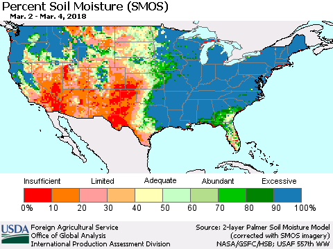 United States Percent Soil Moisture (SMOS) Thematic Map For 2/26/2018 - 3/4/2018