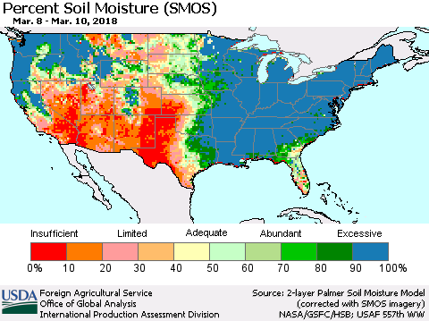 United States Percent Soil Moisture (SMOS) Thematic Map For 3/5/2018 - 3/11/2018
