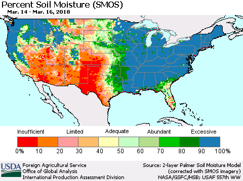 United States Percent Soil Moisture (SMOS) Thematic Map For 3/12/2018 - 3/18/2018