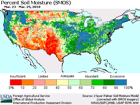 United States Percent Soil Moisture (SMOS) Thematic Map For 3/19/2018 - 3/25/2018