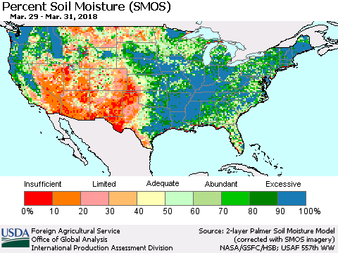 United States Percent Soil Moisture (SMOS) Thematic Map For 3/26/2018 - 4/1/2018