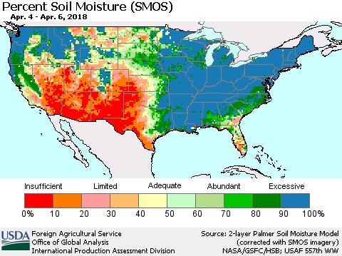 United States Percent Soil Moisture (SMOS) Thematic Map For 4/2/2018 - 4/8/2018