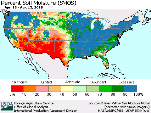 United States Percent Soil Moisture (SMOS) Thematic Map For 4/9/2018 - 4/15/2018