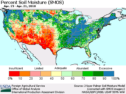 United States Percent Soil Moisture (SMOS) Thematic Map For 4/16/2018 - 4/22/2018