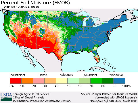 United States Percent Soil Moisture (SMOS) Thematic Map For 4/23/2018 - 4/29/2018