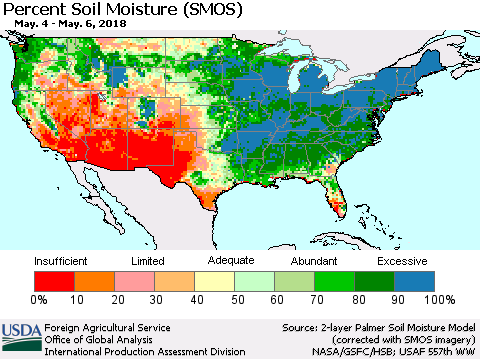 United States Percent Soil Moisture (SMOS) Thematic Map For 4/30/2018 - 5/6/2018