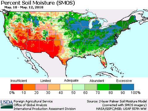 United States Percent Soil Moisture (SMOS) Thematic Map For 5/7/2018 - 5/13/2018