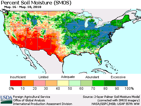 United States Percent Soil Moisture (SMOS) Thematic Map For 5/14/2018 - 5/20/2018