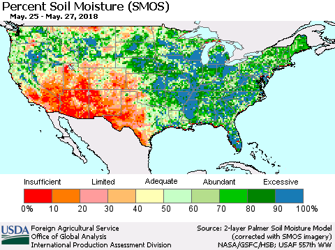 United States Percent Soil Moisture (SMOS) Thematic Map For 5/21/2018 - 5/27/2018