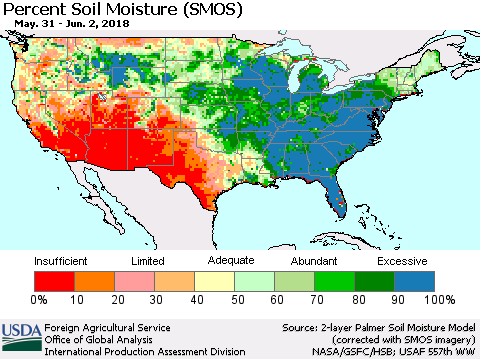 United States Percent Soil Moisture (SMOS) Thematic Map For 5/28/2018 - 6/3/2018
