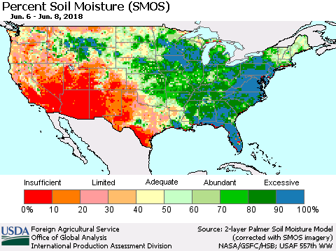 United States Percent Soil Moisture (SMOS) Thematic Map For 6/4/2018 - 6/10/2018
