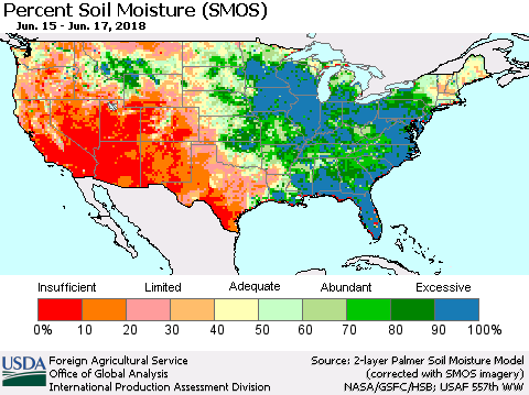 United States Percent Soil Moisture (SMOS) Thematic Map For 6/11/2018 - 6/17/2018