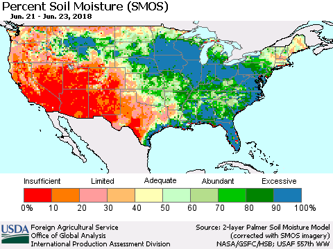 United States Percent Soil Moisture (SMOS) Thematic Map For 6/18/2018 - 6/24/2018