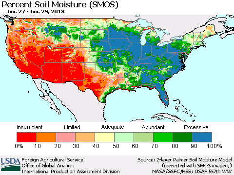 United States Percent Soil Moisture (SMOS) Thematic Map For 6/25/2018 - 7/1/2018