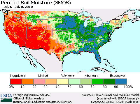 United States Percent Soil Moisture (SMOS) Thematic Map For 7/2/2018 - 7/8/2018