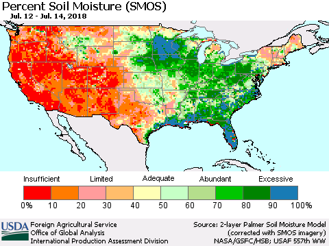 United States Percent Soil Moisture (SMOS) Thematic Map For 7/9/2018 - 7/15/2018