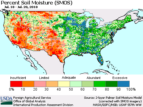 United States Percent Soil Moisture (SMOS) Thematic Map For 7/16/2018 - 7/22/2018