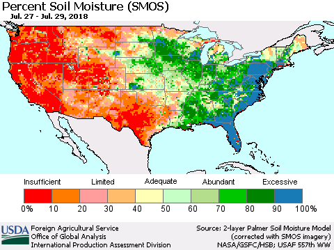 United States Percent Soil Moisture (SMOS) Thematic Map For 7/23/2018 - 7/29/2018