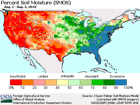 United States Percent Soil Moisture (SMOS) Thematic Map For 7/30/2018 - 8/5/2018