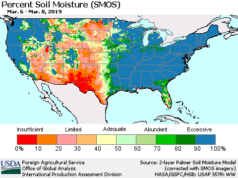 United States Percent Soil Moisture (SMOS) Thematic Map For 3/4/2019 - 3/10/2019